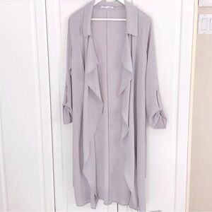 Seven Sisters Medium Light Grey Duster Coat Kimono Belted Waterfall Ruffle Trim
